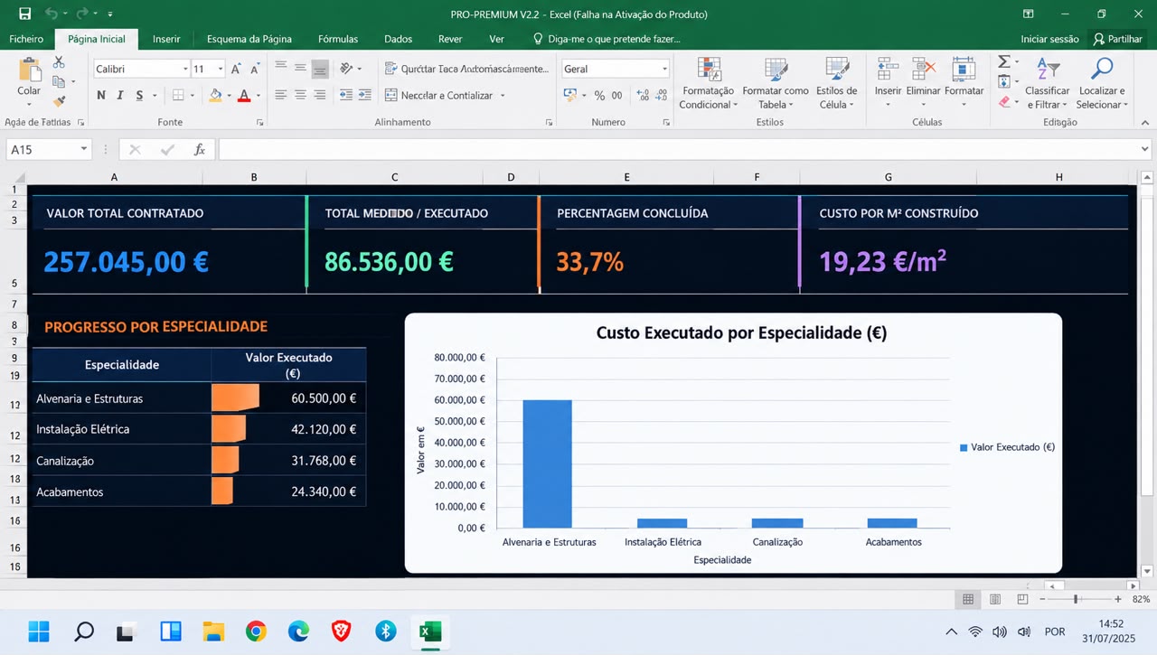 Ecrã real do controlo financeiro da planilha